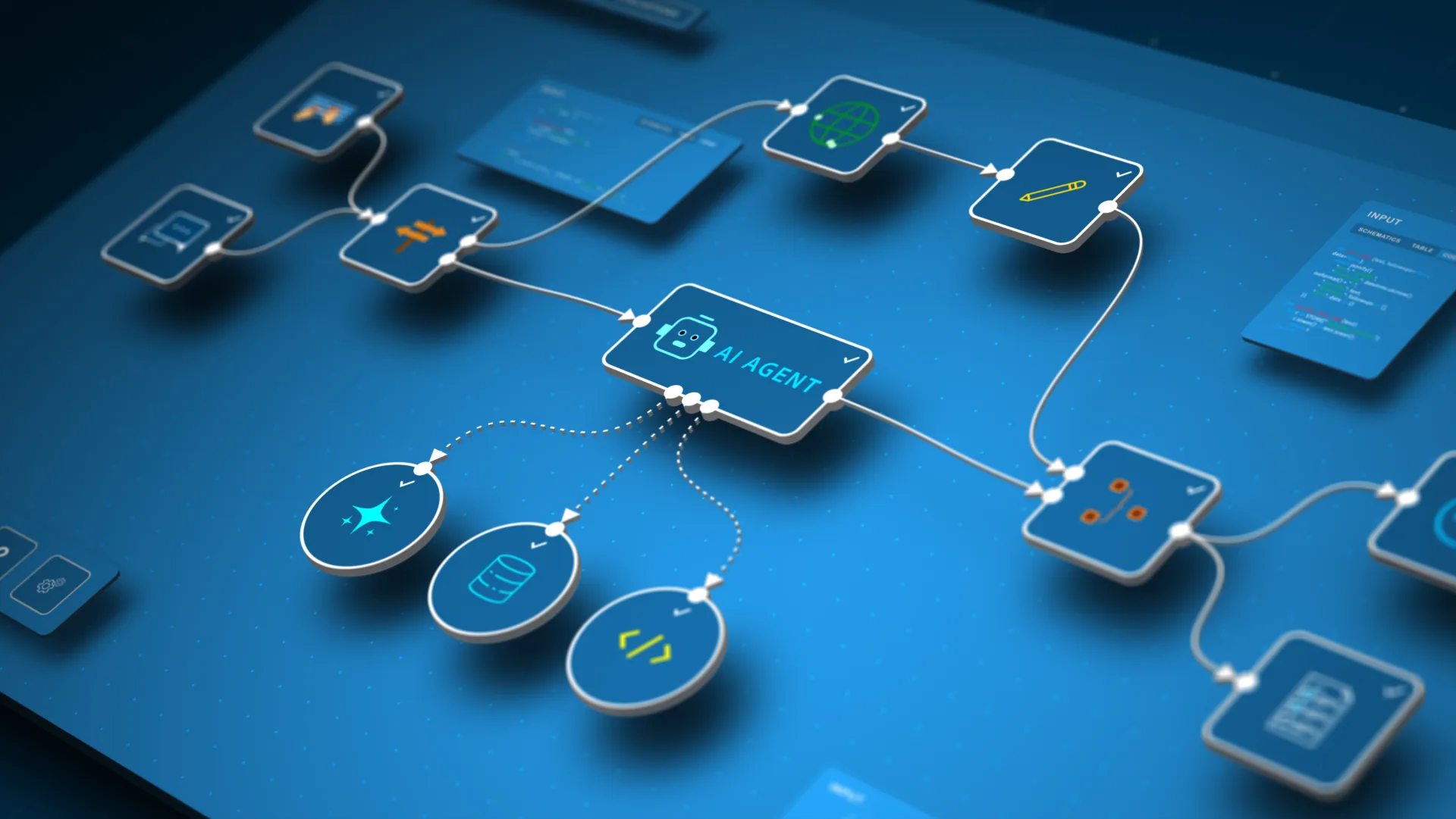 AI agent workflow diagram showing interconnected nodes for automation; data; and code tools on a blue digital canvas.