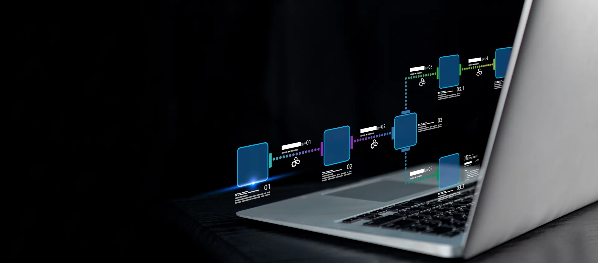 A numbered workflow diagram floats above an open laptop, its stages linked by dotted connectors.