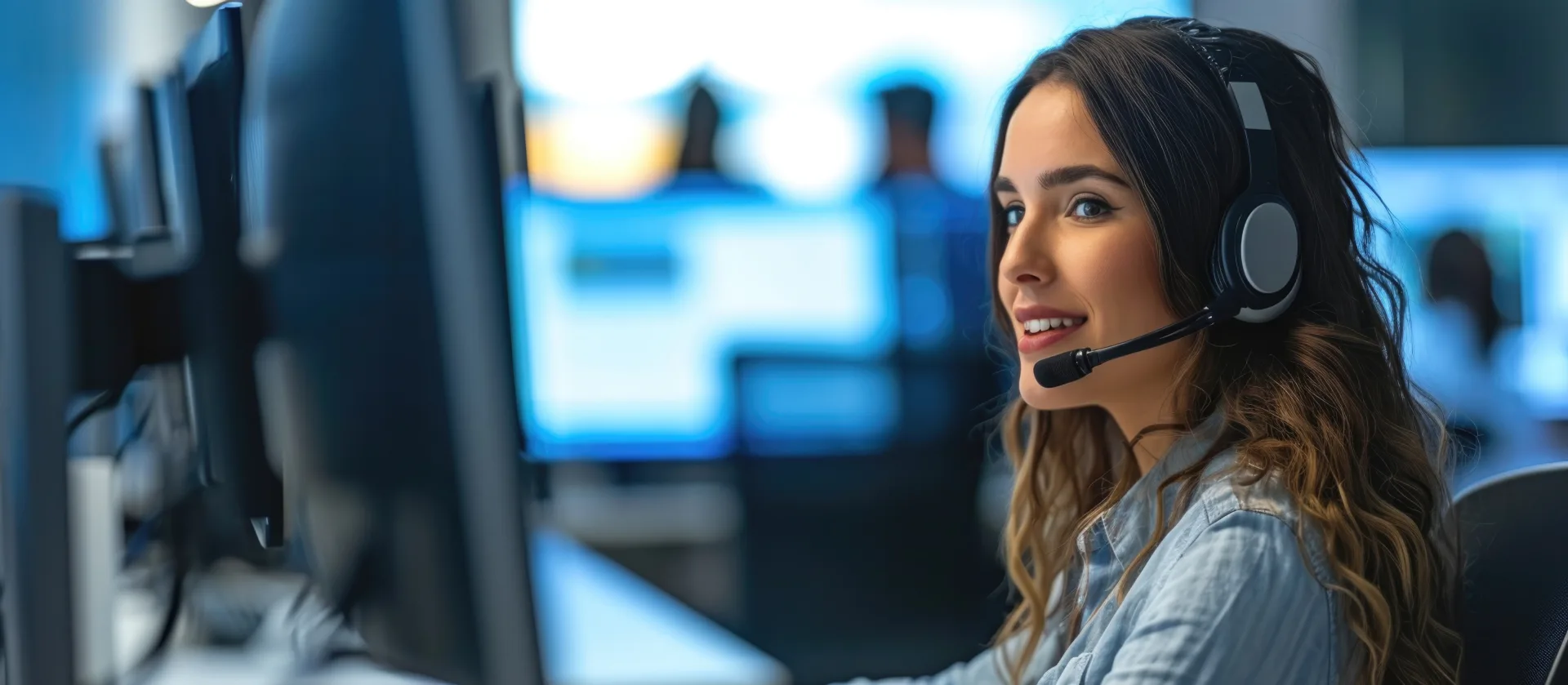 A support specialist wearing a headset smiles at her screen at a multi monitor desk in a blue lit office.