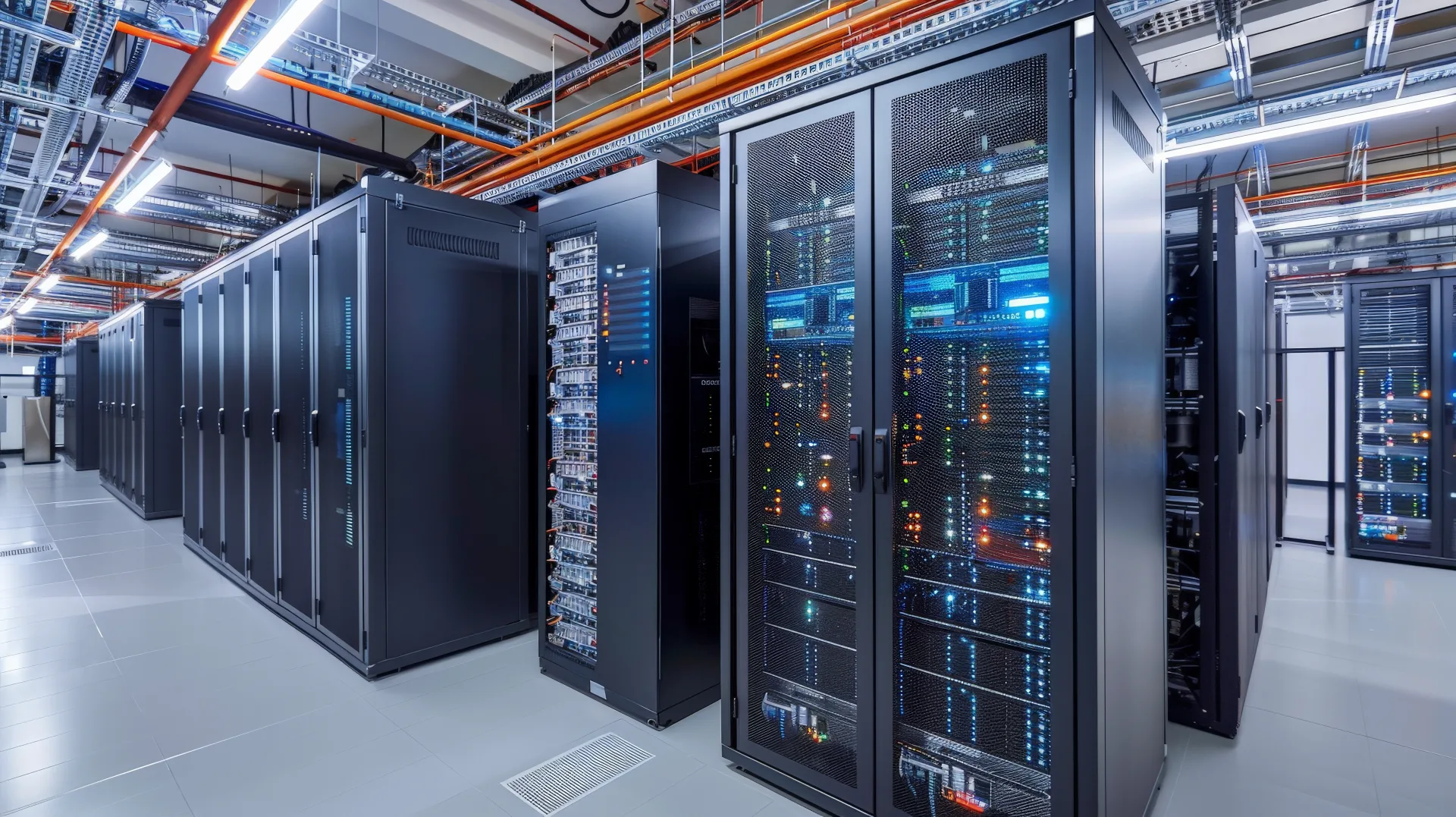 Rows of active server racks with multicolored status lights inside a modern federal data center facility.