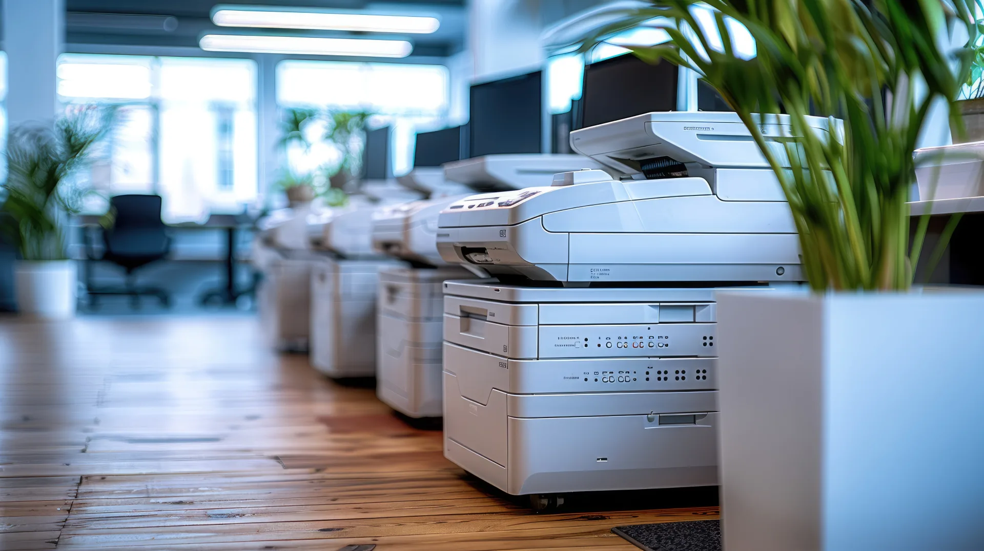 Row of white multifunction printers in a modern open office with hardwood floors and green plants.