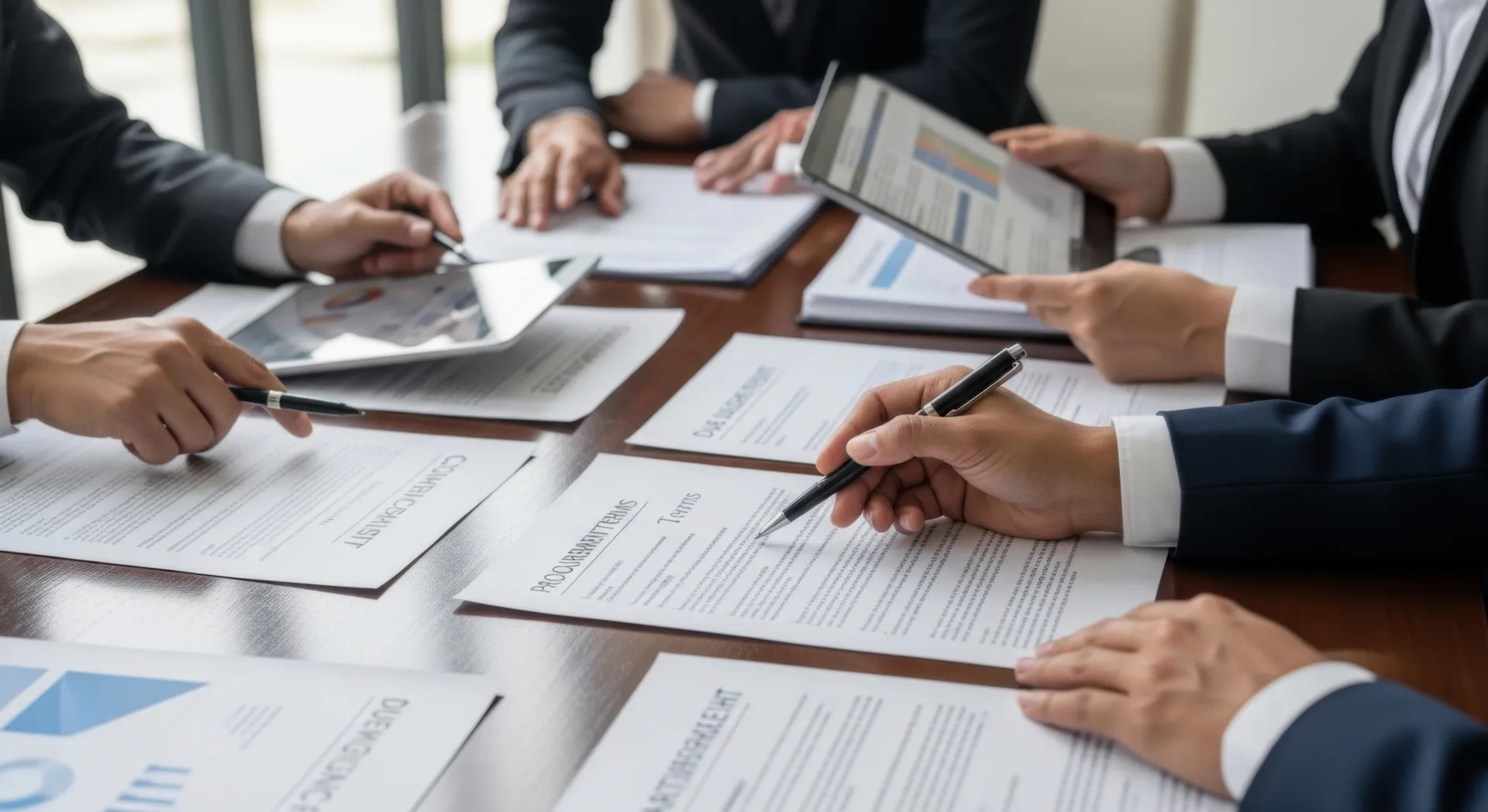 Hands in business suits review printed contract documents and a tablet of charts across a conference table.