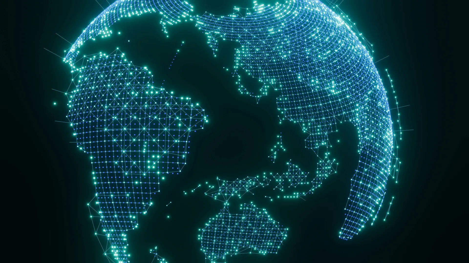 Illustration of a wireframe globe whose continents are drawn as glowing connected network nodes.