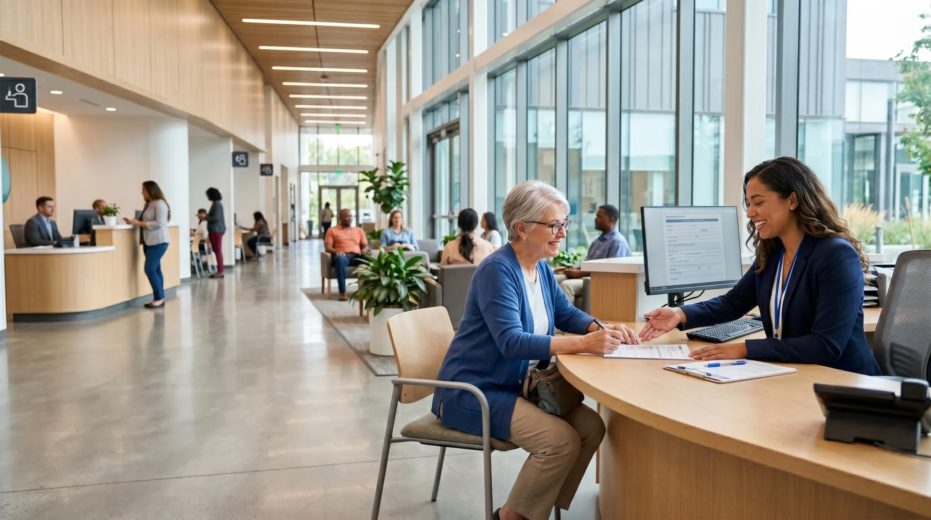 Staff member smiles while assisting an older woman with paperwork at a modern administrative office reception desk.