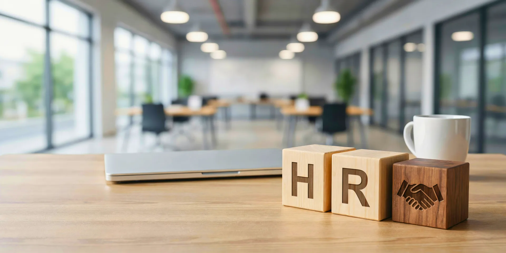 Wooden blocks spelling HR with a handshake icon on an administrative office desk; with a laptop; coffee mug; and open workspace in the background.