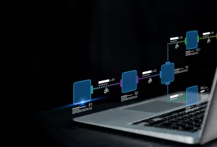 A numbered workflow diagram floats above an open laptop, its stages linked by dotted connectors.