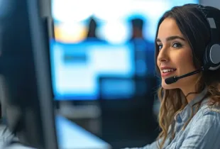 A support specialist wearing a headset smiles at her screen at a multi monitor desk in a blue lit office.