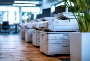 Row of white multifunction printers in a modern open office with hardwood floors and green plants.