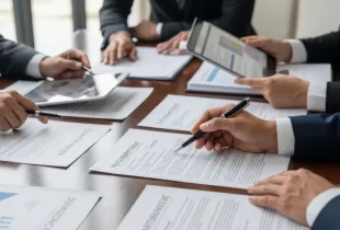 Hands in business suits review printed contract documents and a tablet of charts across a conference table.