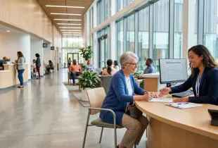 Staff member smiles while assisting an older woman with paperwork at a modern administrative office reception desk.